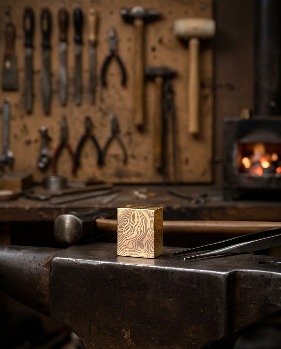 A mokume-gane billet resting on a forged steel anvil beside a hammer and tongs, lit by warm forge light